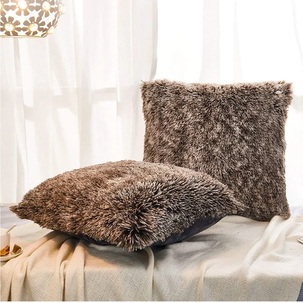 Luxury Home | Elegant Chocolate Brown & Cream Ombre Faux Fur Throw Pillow Covers